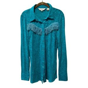 ROPER Western Shirt Women's Large Turquoise Blue Floral Sheer Fringe‎ Pearl Snap